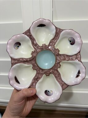 Antique French Oyster Plate with Blue Center